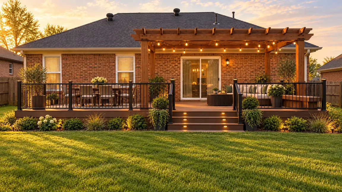 After: Empty Lawn | Music City Deck & Fence After: The same home with a large walnut-brown composite deck, black railing, built-in bench, a cedar pergola, furniture and string lights