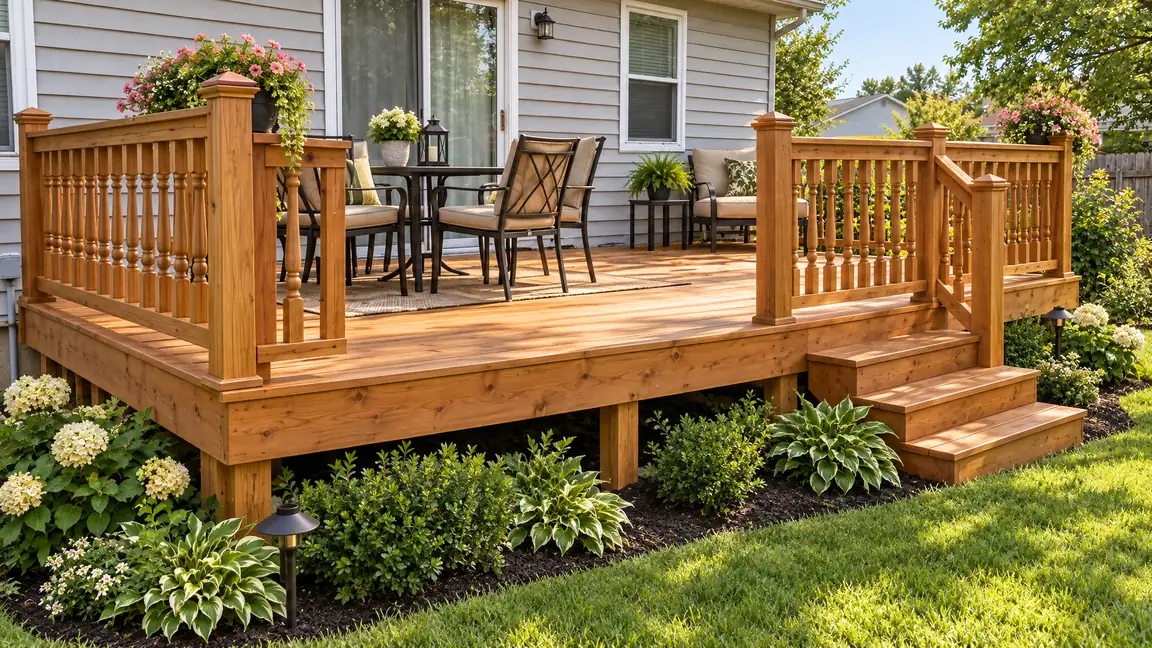 After: New Cedar Deck | Music City Deck & Fence After: The same house with a new honey-stained cedar deck, sturdy turned-baluster railing, clean stairs, landscaping and patio furniture