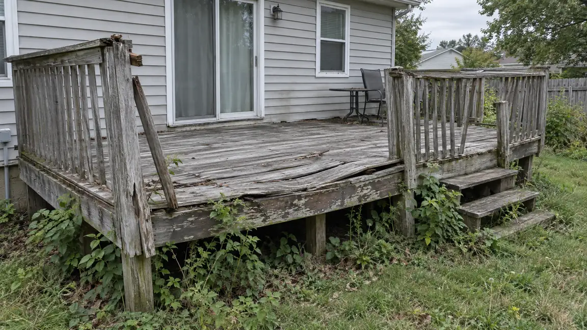 Before: Rotted Deck | Music City Deck & Fence Before: An old weathered gray wooden deck with warped boards, a broken railing and weeds