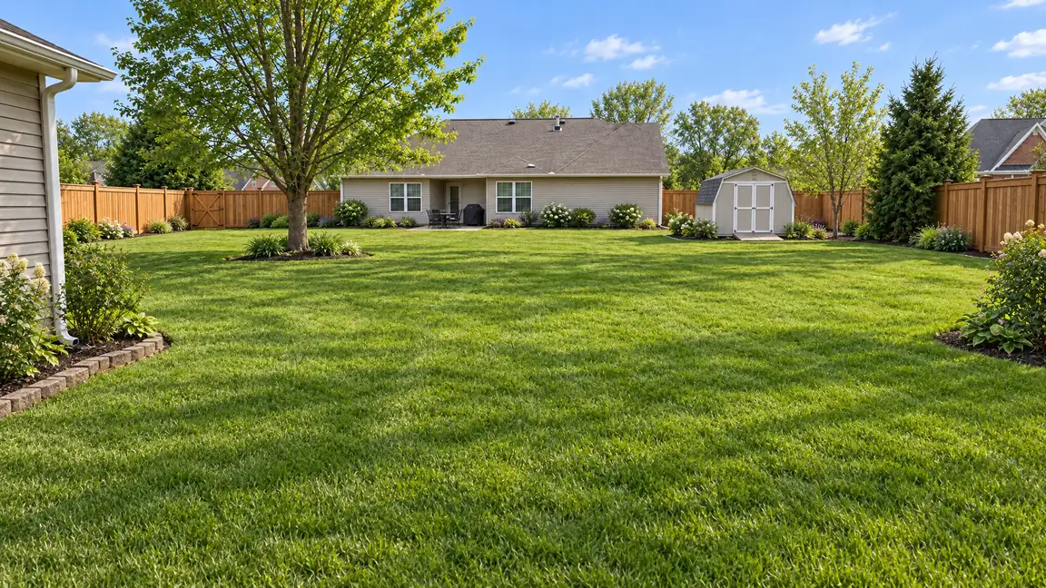 After: The same yard with a tall cedar board-on-board privacy fence and matching gate along the property lines