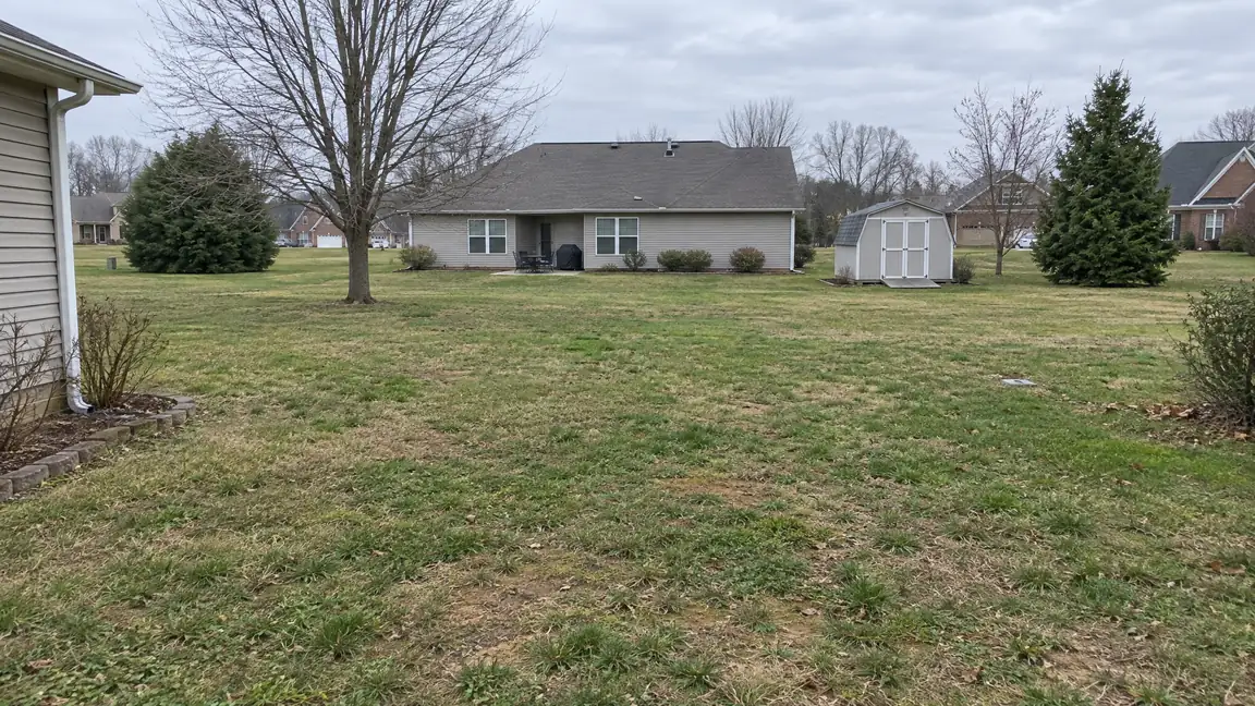 Before: An open backyard with no fence and a view into the neighbors yard and a small shed