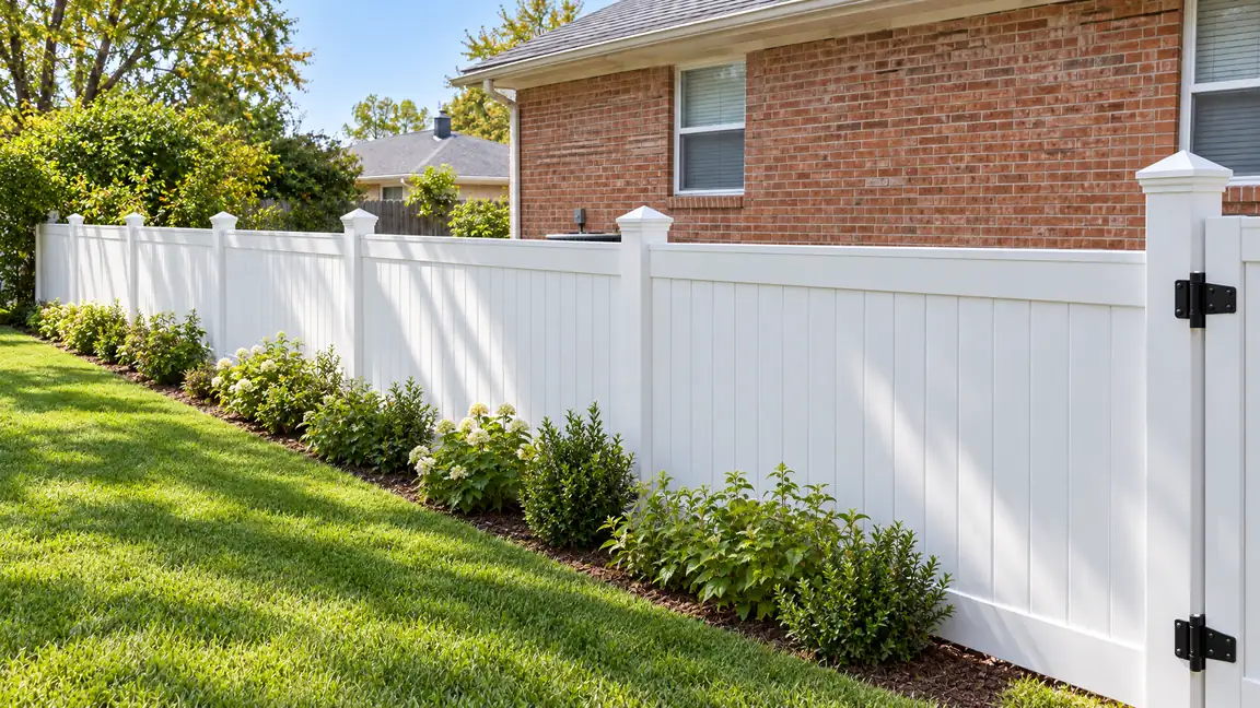 After: The same backyard with a crisp straight white vinyl privacy fence with post caps and a gate