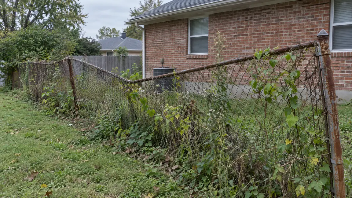 Before: A leaning rusty chain link fence with sagging sections and weeds along a backyard