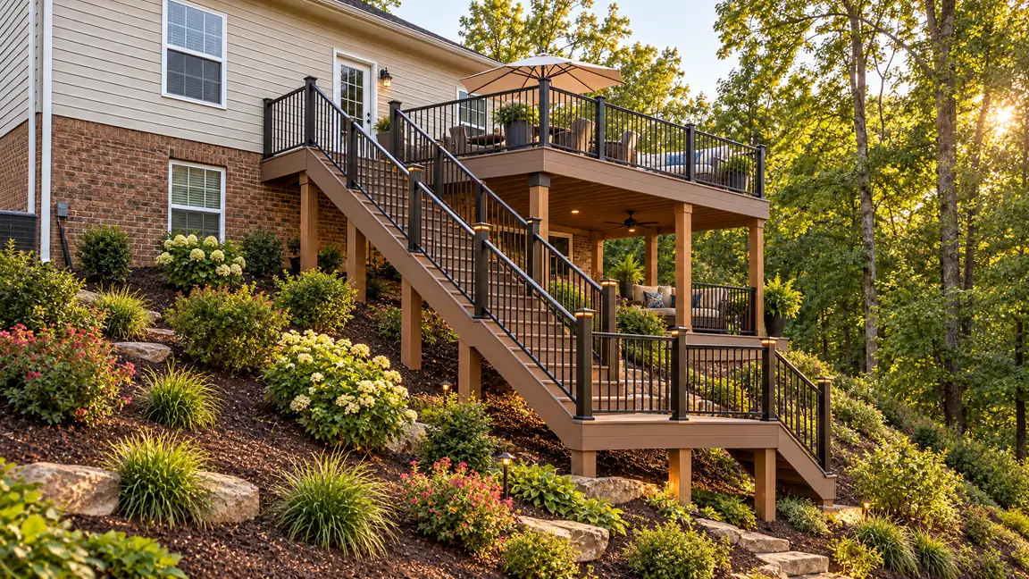 After: The same slope with a large two-level elevated deck, support posts, a landing, a long staircase and landscaping