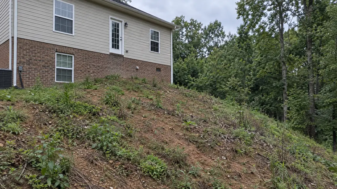 Before: A steep bare slope behind a home with an upstairs walkout door and no deck