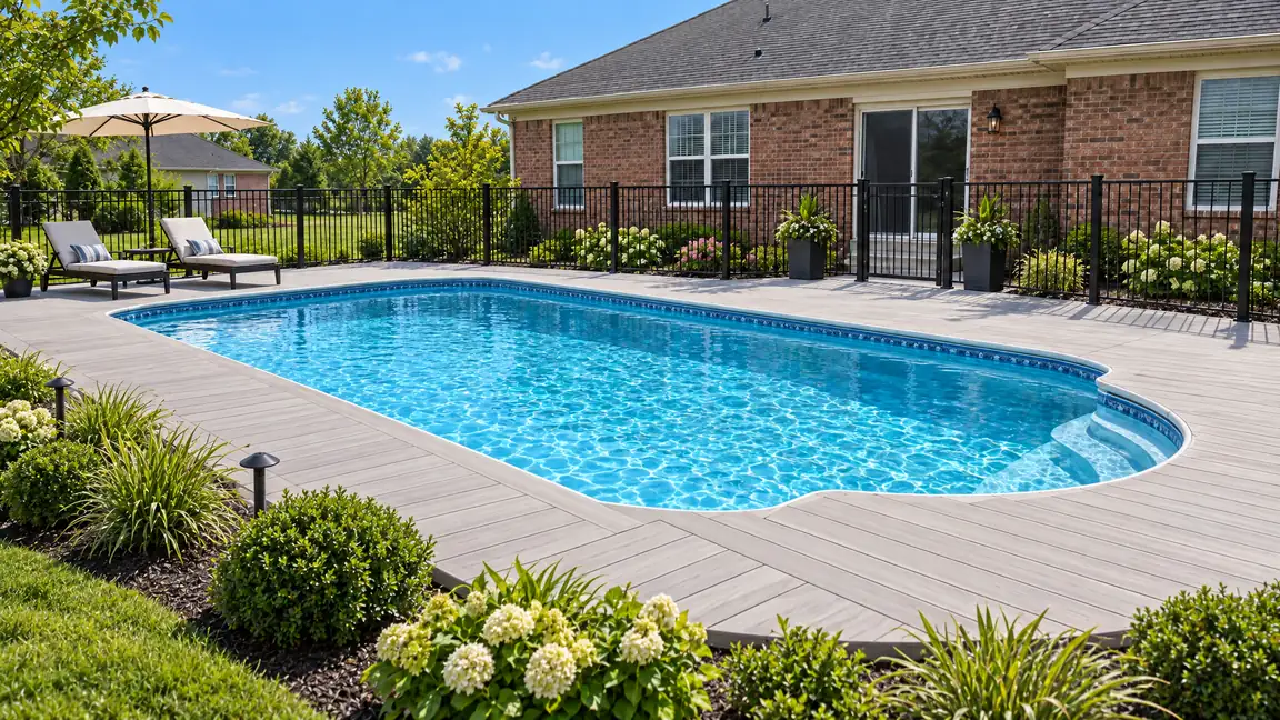 After: The same pool with a light-gray composite deck, a black aluminum safety fence with a gate, lounge chairs and an umbrella