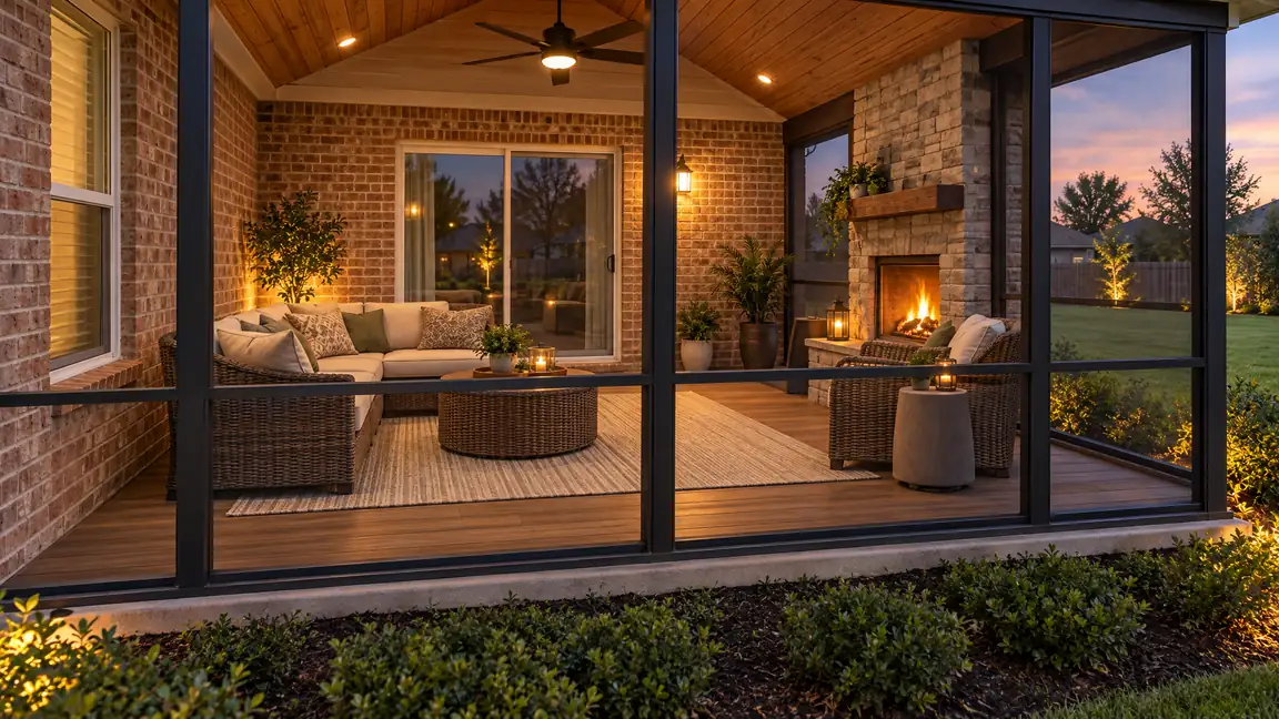 After: Screened Porch | Music City Deck & Fence After: The same patio transformed into a screened porch with a gabled roof, wood ceiling with fan, black screens, wicker furniture and a stone fireplace
