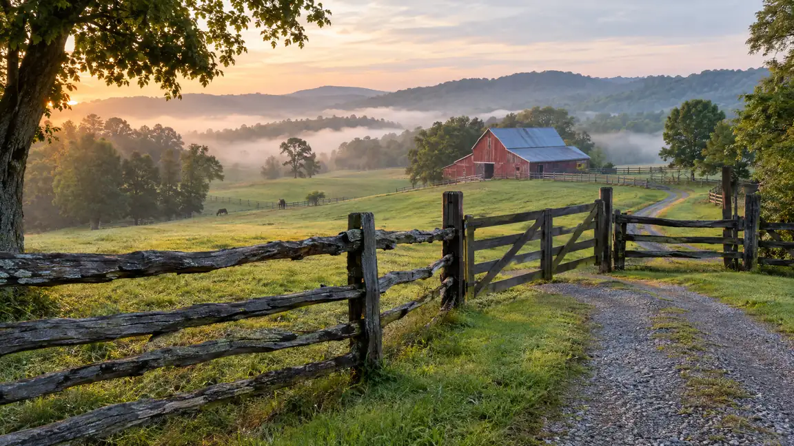 A split-rail fence and wooden farm gate along a gravel drive with a red barn and green pasture in soft morning mist
