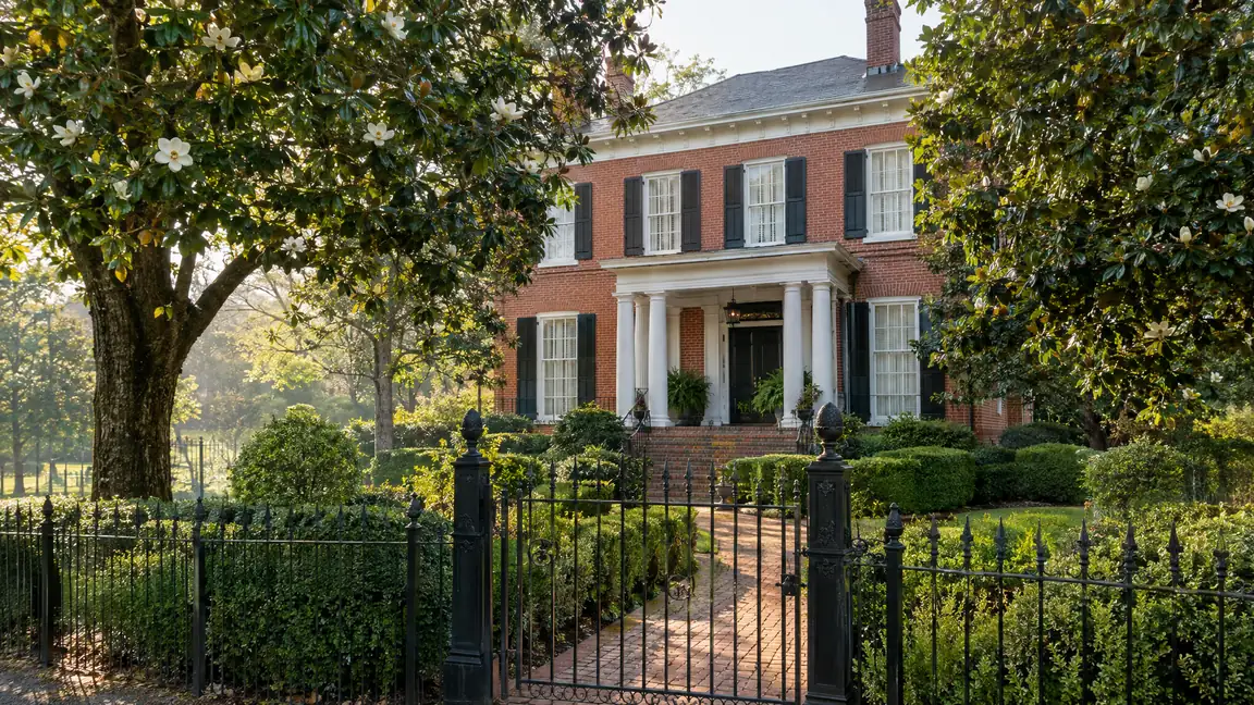 A historic red-brick Southern home with a black wrought-iron fence and gate, boxwood hedges and mature magnolia trees