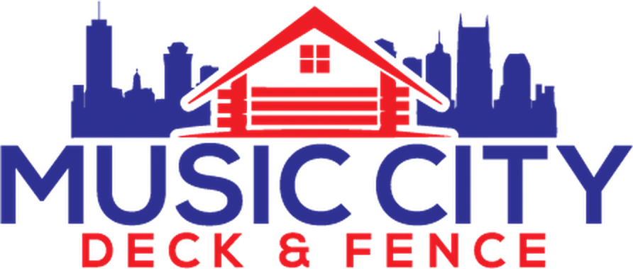 Music City Deck & Fence builders Music City Deck and Fence logo with a red log-cabin roof in front of the blue Nashville skyline above the words Music City in blue and Deck and Fence in red