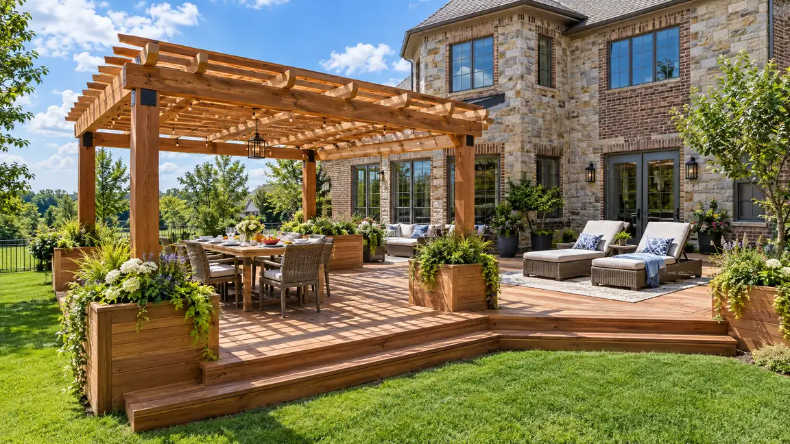Custom Wood Deck With Pergola | Music City Deck & Fence A sunlit custom wood deck with a cedar pergola, planters, a dining table and lounge chairs attached to a two-story stone and brick home