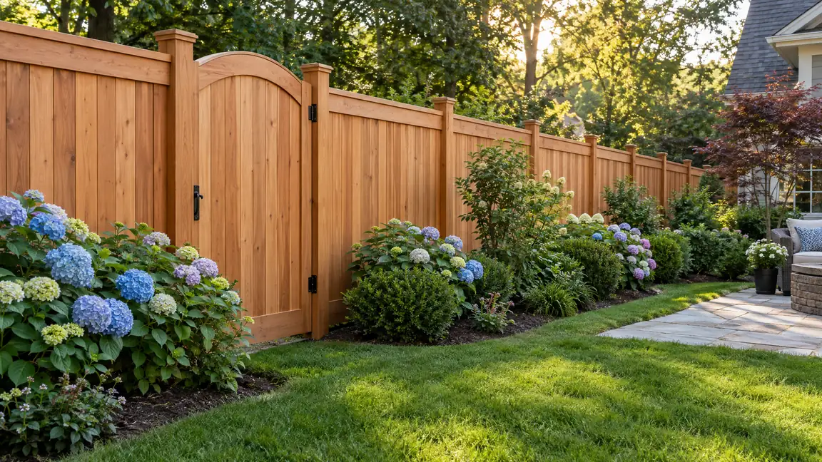 Cedar Board-on-Board Privacy Fence | Music City Deck & Fence A tall cedar board-on-board privacy fence with an arched gate runs along a landscaped yard with blooming hydrangeas and a stone patio