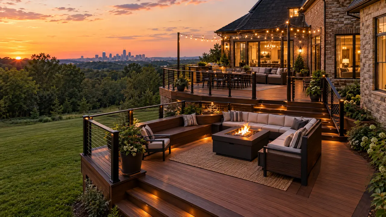Multi-Level Composite Deck at Dusk | Music City Deck & Fence A multi-level walnut-brown composite deck with black cable railing, built-in seating, a glowing fire table and string lights beside a brick and stone home at golden hour