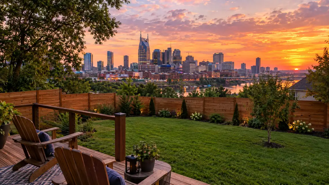 Nashville Skyline From a Backyard | Music City Deck & Fence The Nashville skyline glows at sunset beyond a green lawn with a cedar privacy fence and a wooden deck with chairs in the foreground