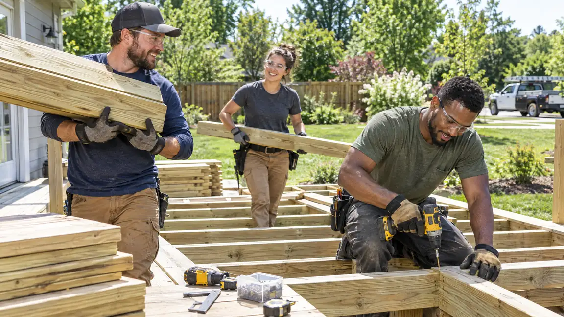 Deck and Fence Crew at Work | Music City Deck & Fence Three builders in work clothes and safety glasses carry lumber and use a drill on a new deck frame in a sunny backyard