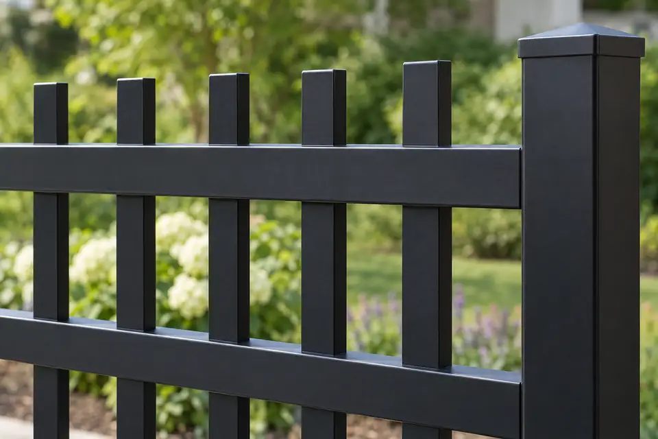 A close-up of a black aluminum ornamental fence panel with flat-top pickets and rails