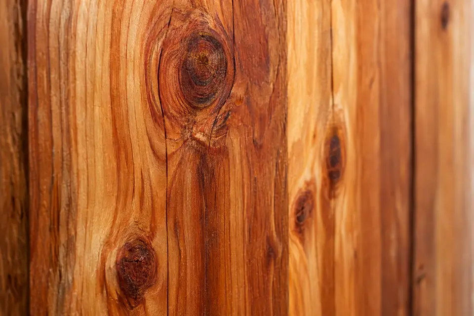 A macro close-up of a cedar board with natural grain, knots and warm honey-red tones