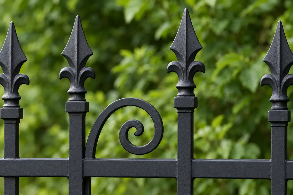 Close-up of matte black wrought iron pickets with spear finials and a decorative scroll