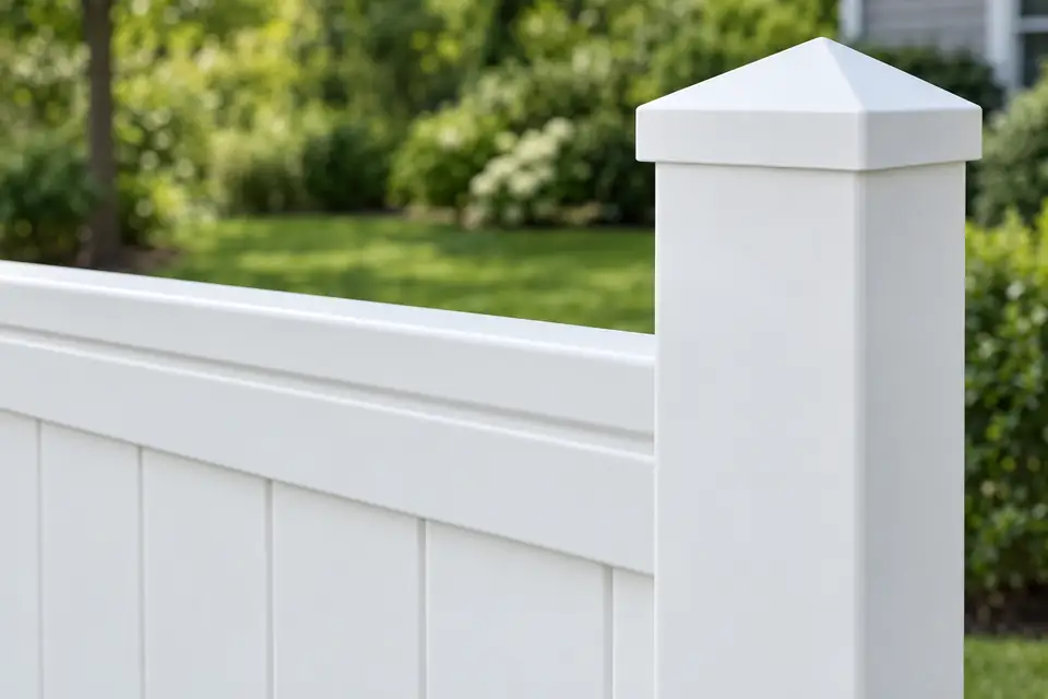 A close-up of a white vinyl fence section with a satin finish, a routed rail and a pyramid post cap