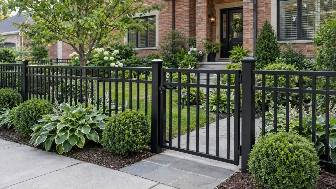 A black aluminum ornamental fence with flat-top pickets and a matching walk gate around a landscaped front yard