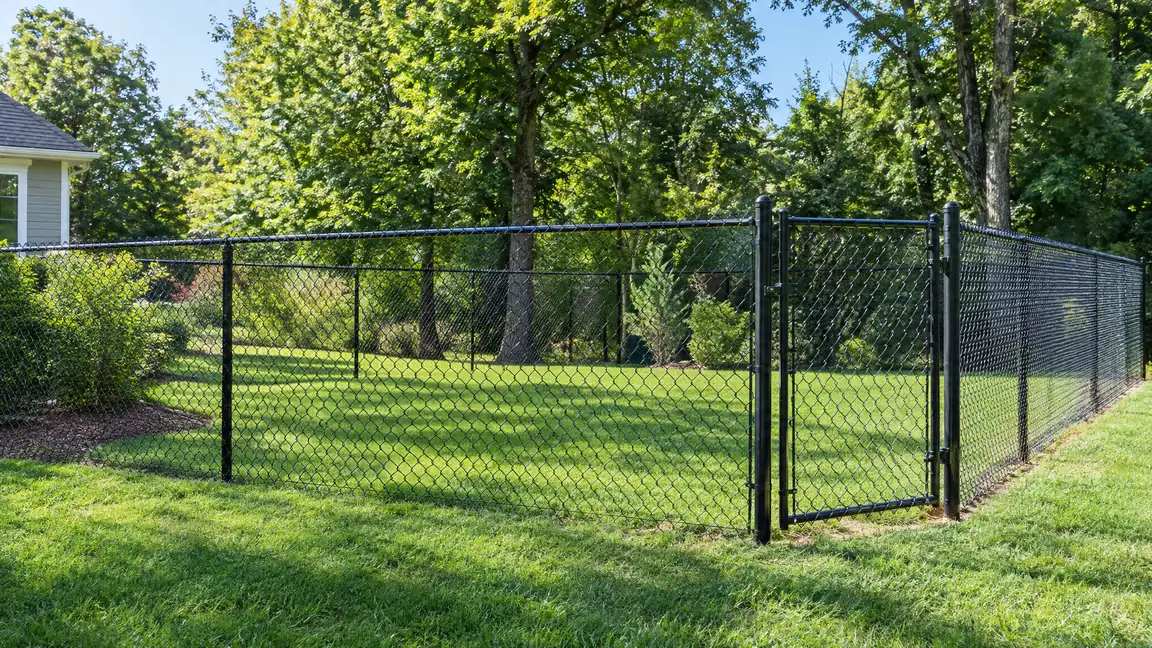 A black vinyl-coated chain link fence with a walk gate enclosing a green backyard with trees behind