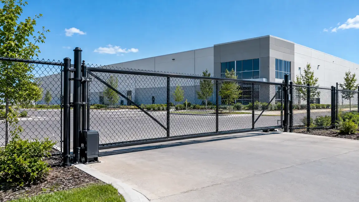 A black steel and chain link security fence with a rolling gate surrounds a business property with a modern building