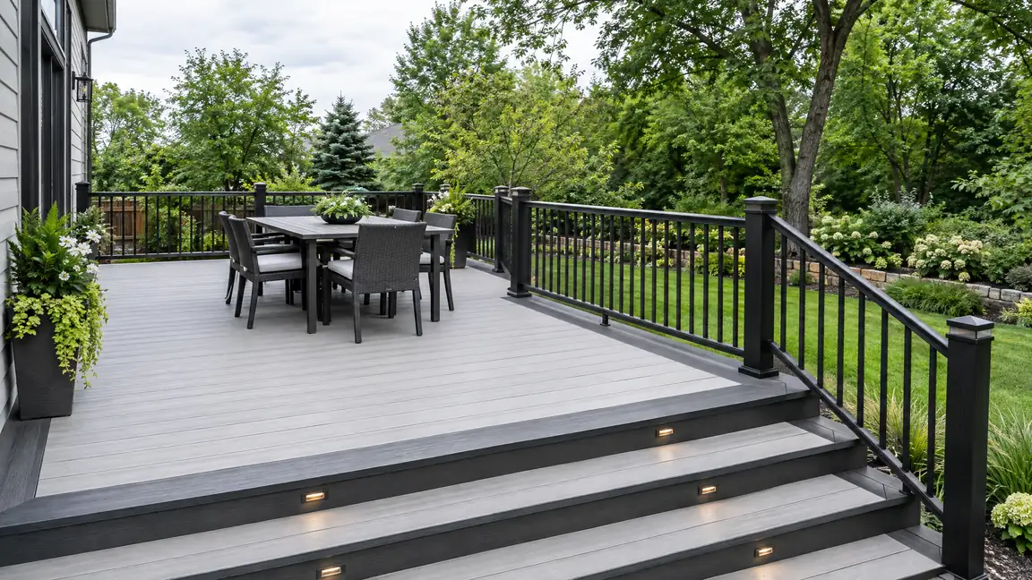 Gray Composite Deck With Rails | Music City Deck & Fence A light-gray composite deck with a dark border, black aluminum railing, low-voltage step lights and a patio table and chairs