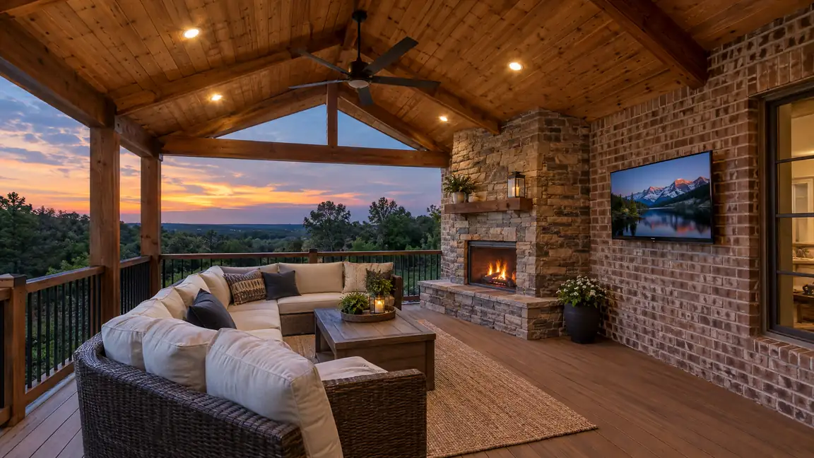 Covered Deck With Fireplace | Music City Deck & Fence A covered deck with a gabled timber roof, a tongue-and-groove ceiling with recessed lights and a fan, a stone fireplace corner and an outdoor sofa