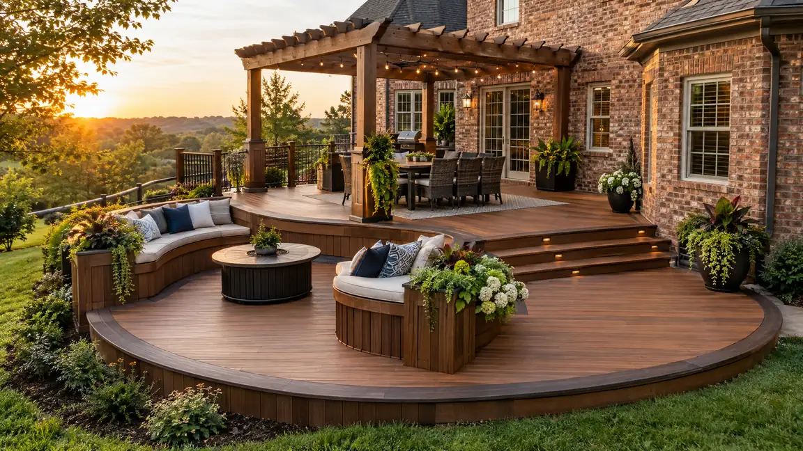 Custom Deck With Curved Edges | Music City Deck & Fence A custom backyard deck with curved edges, a dark picture-frame border, built-in benches, planters and a pergola over a dining set