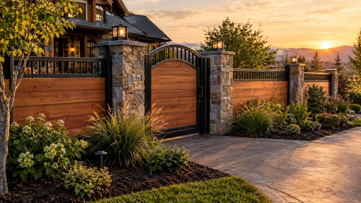 A custom fence combining stone pillars, cedar horizontal infill, black metal accents and an arched gate