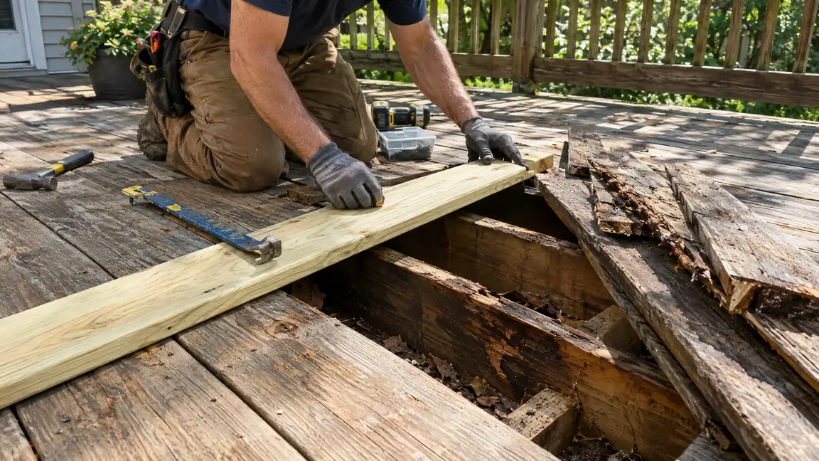 Rotted Deck Board Being Replaced | Music City Deck & Fence A carpenter replaces a rotted board on an aging wooden deck with a few boards pulled up exposing the joists, a pry bar and tools