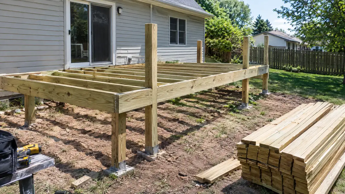 New Deck Frame After Demolition | Music City Deck & Fence A backyard where an old deck has been removed and a new frame with fresh pressure-treated joists and posts is going up