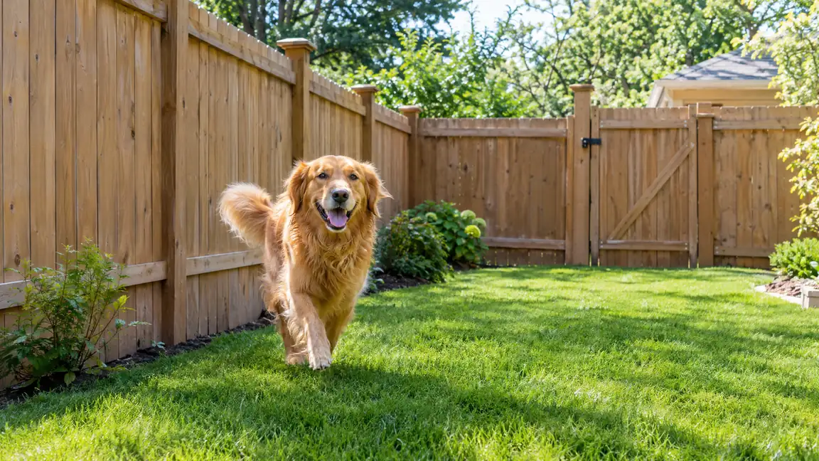 A golden retriever runs along a secure six-foot privacy fence with a latched gate on a green lawn