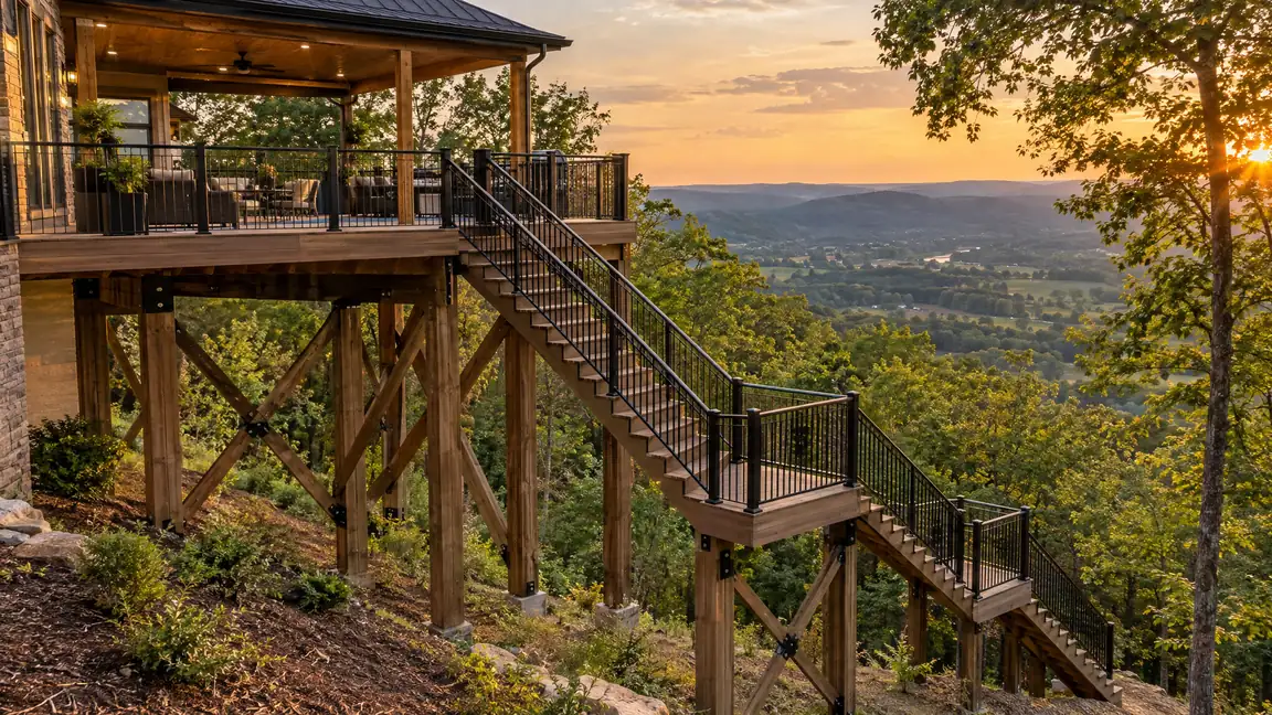 A tall elevated deck with heavy support posts, cross bracing, a long staircase with a landing and black railing above a green valley