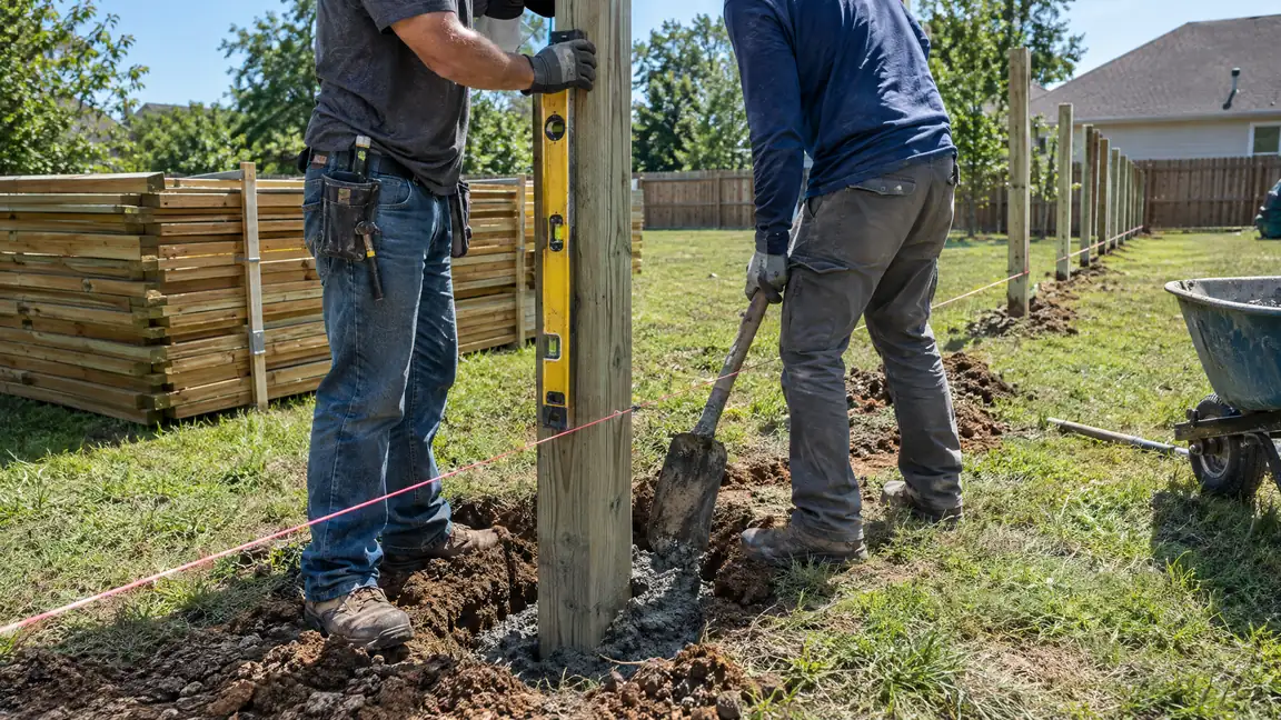 Installers set a post in concrete in a freshly dug hole with a string line and level beside a straight row of new posts and stacked panels