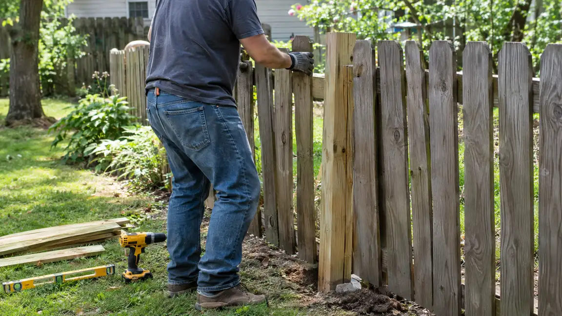 A worker straightens a leaning fence section and replaces a broken post and pickets with a drill and level