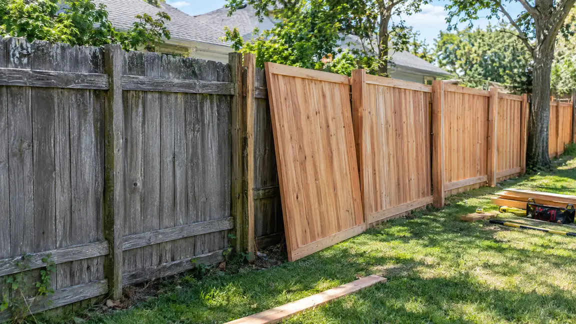 New cedar privacy fence panels stand beside the old gray fence being replaced in a backyard