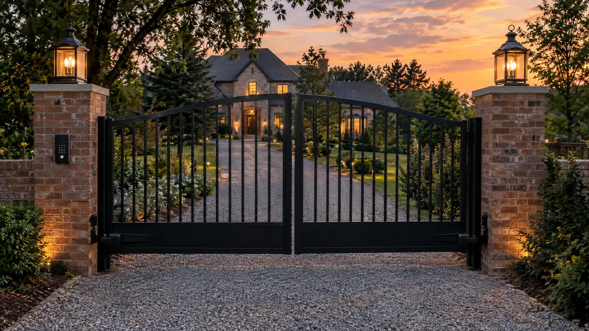 Double black steel driveway gates with a keypad and brick pillars with lanterns lead to a gravel driveway and a large home