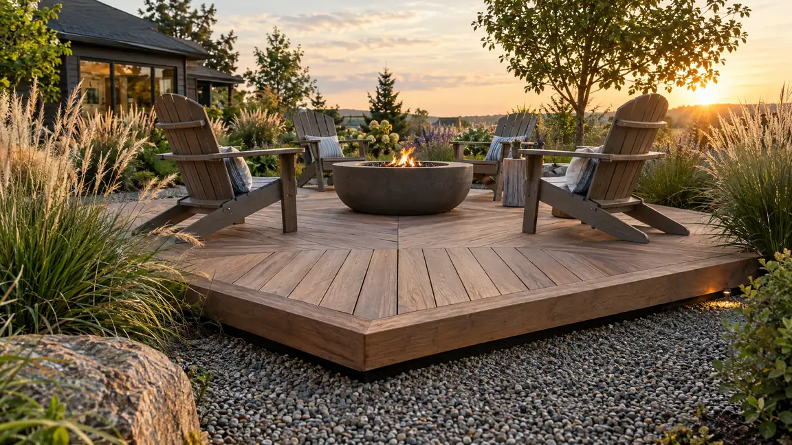 A low floating deck with wide diamond-pattern boards, a fire pit and Adirondack chairs surrounded by gravel and ornamental grasses