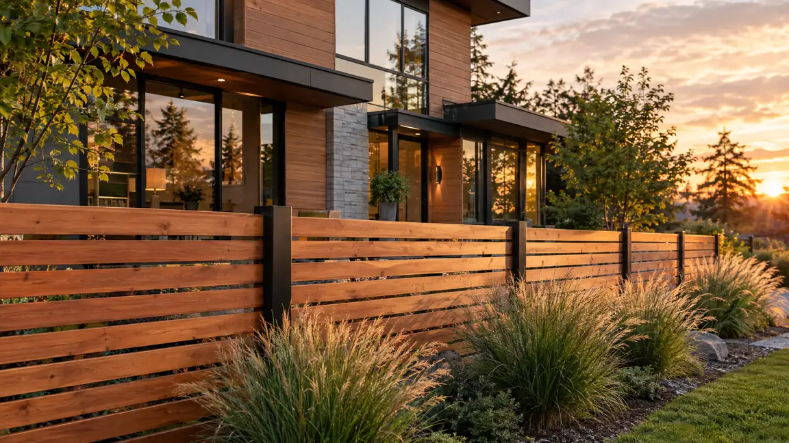 A modern horizontal cedar slat fence with black steel posts in front of a contemporary home with ornamental grasses