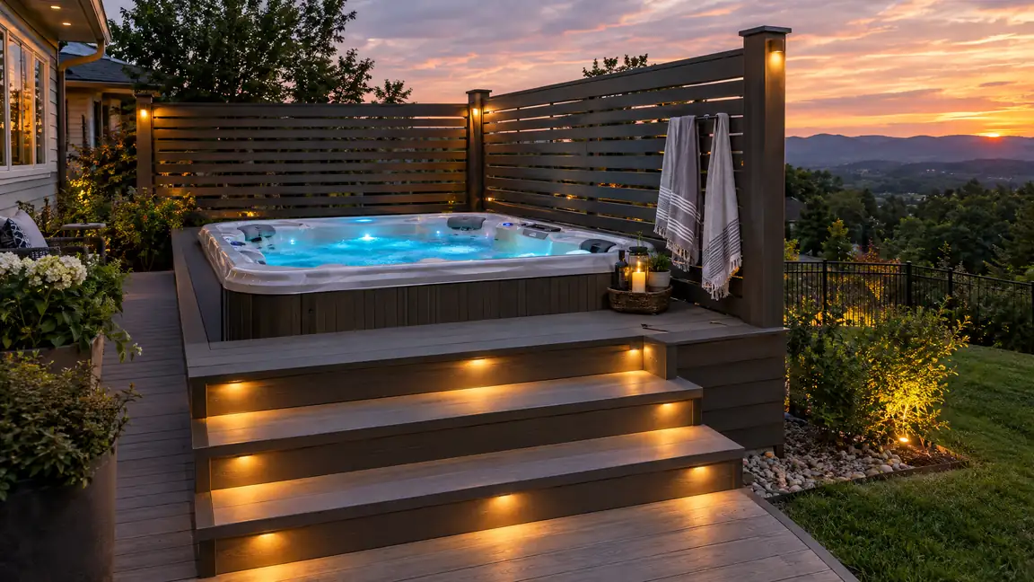 A hot tub set into a composite deck with a horizontal slat privacy screen, lighted steps and a towel rack at dusk
