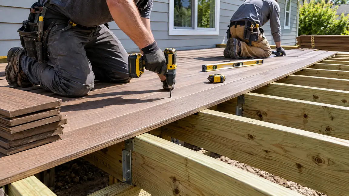 Carpenters fasten deck boards over pressure-treated joists with a cordless drill, level and tape measure beside stacked lumber
