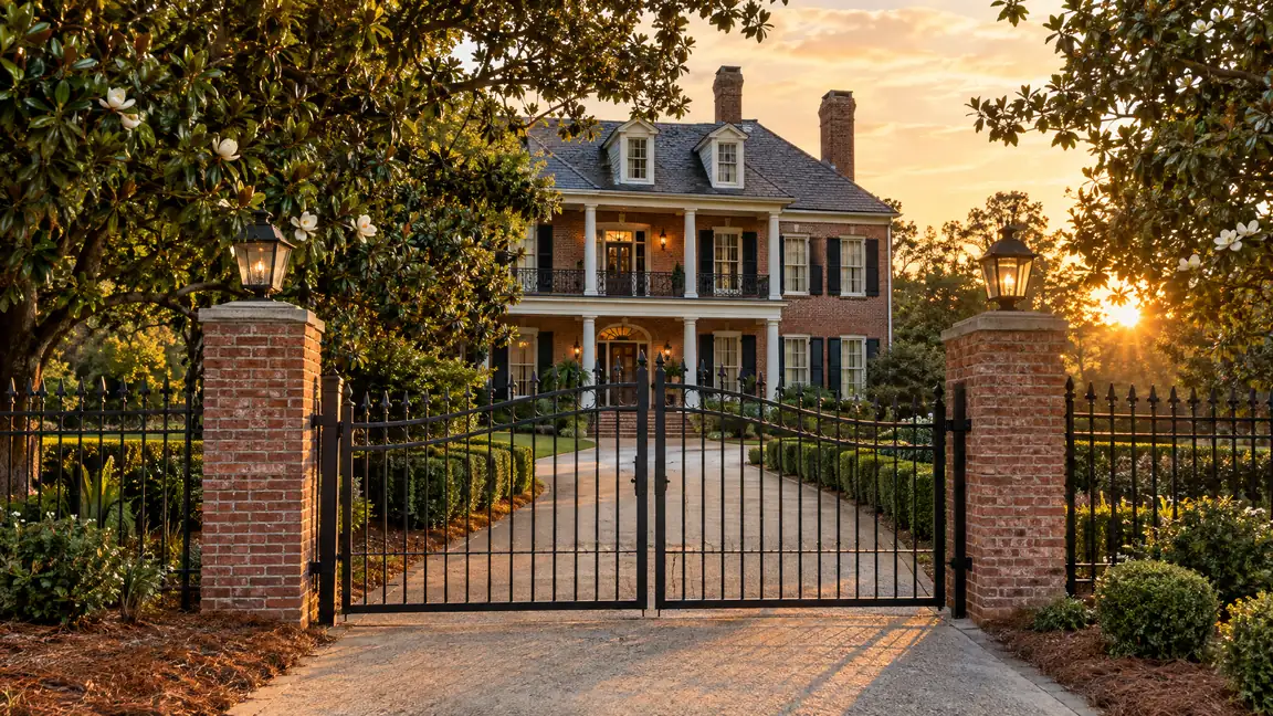 A black wrought iron fence with spear-point pickets, brick pillars and a double driveway gate in front of a stately brick home