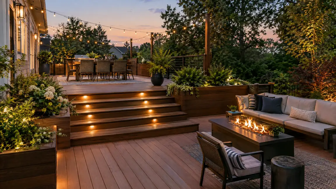 A multi-level deck with three tiers joined by wide steps, an upper dining area, a lower lounge with a fire table and string lights