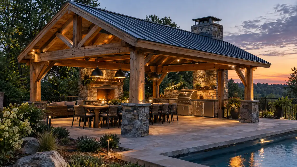 Backyard Timber Pavilion | Music City Deck & Fence A timber-frame backyard pavilion with a standing-seam metal roof, a stone outdoor kitchen and a long dining table at dusk