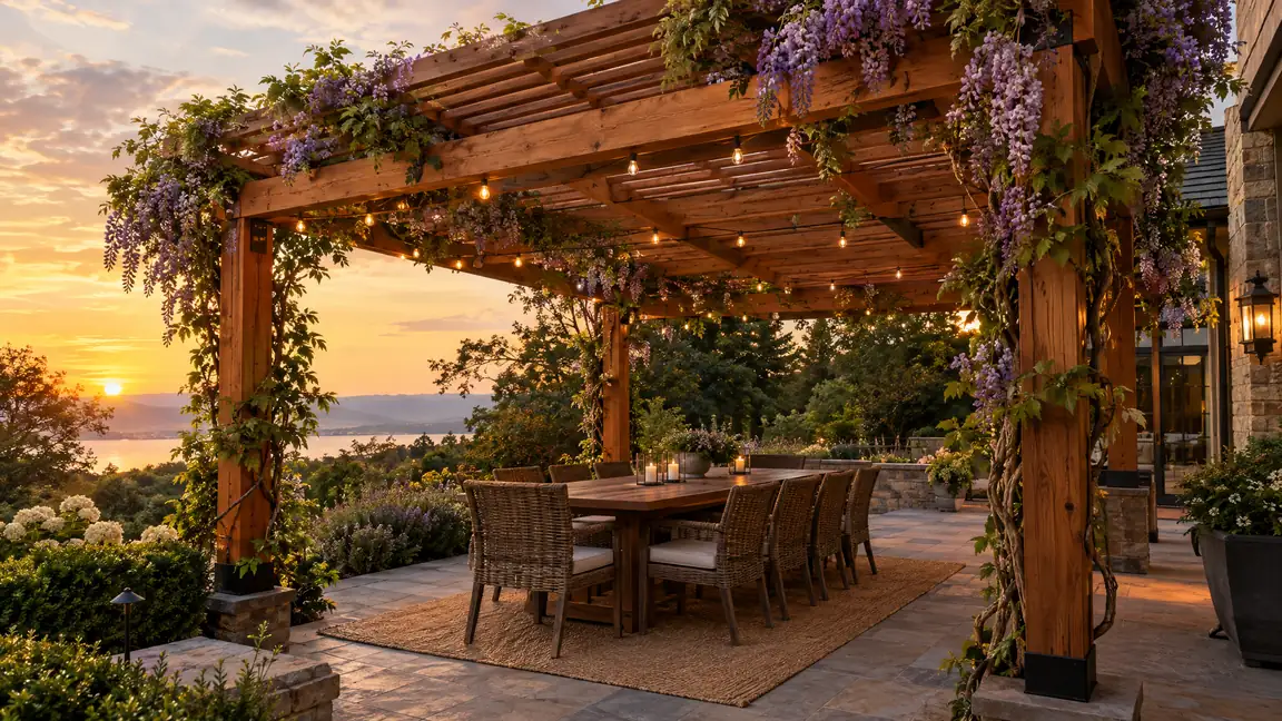 Cedar Pergola Over a Patio | Music City Deck & Fence A cedar pergola with louvered cross beams over a patio dining area with string lights and climbing wisteria