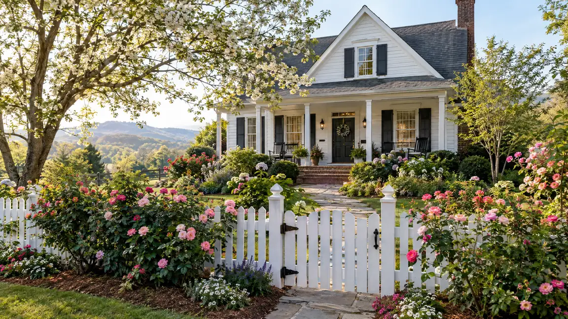 White Picket Fence With Arched Gate | Music City Deck & Fence A white picket fence with dog-ear pickets and an arched gate beside rose bushes and cottage flower beds