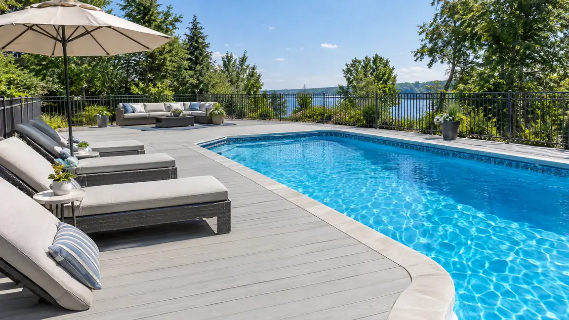 A light-gray composite deck wraps around a swimming pool with lounge chairs, an umbrella and an aluminum fence behind