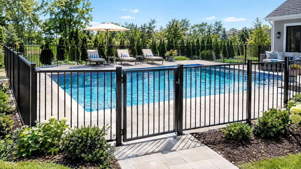 A black aluminum pool safety fence with a self-latching gate around a backyard pool with lounge chairs