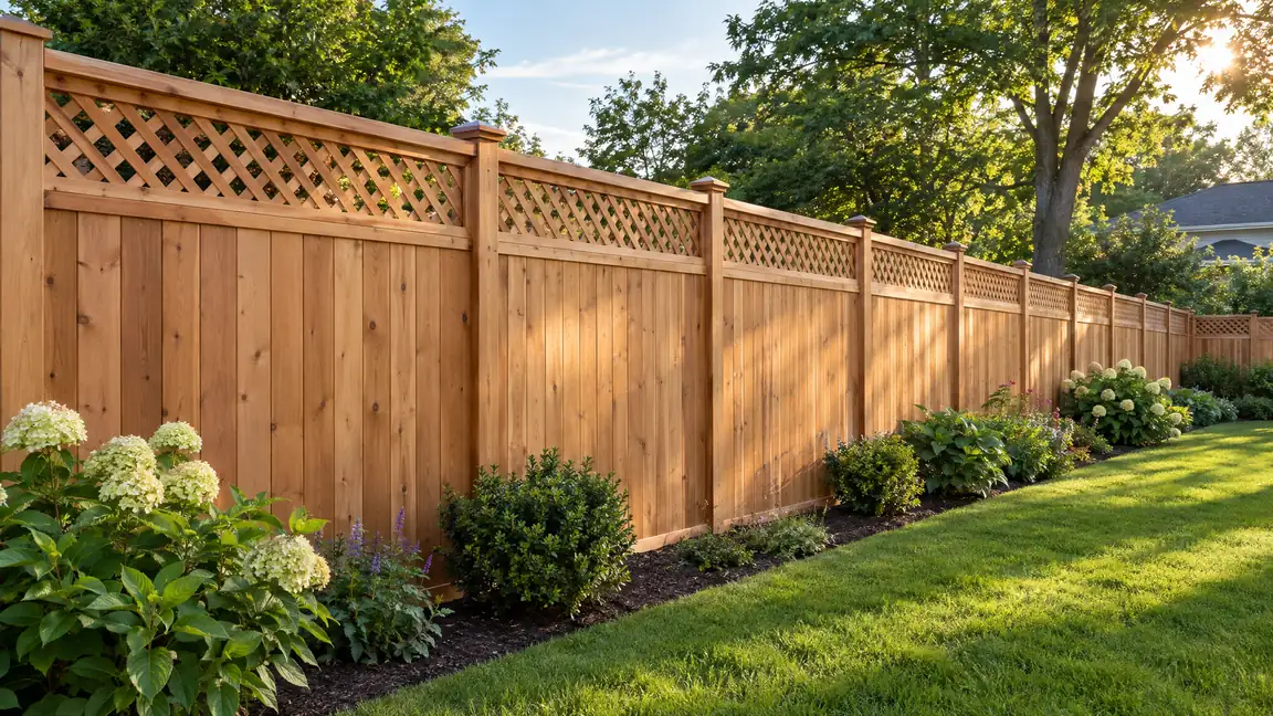 A six-foot cedar privacy fence with a lattice top and cap rail along a green lawn and garden beds